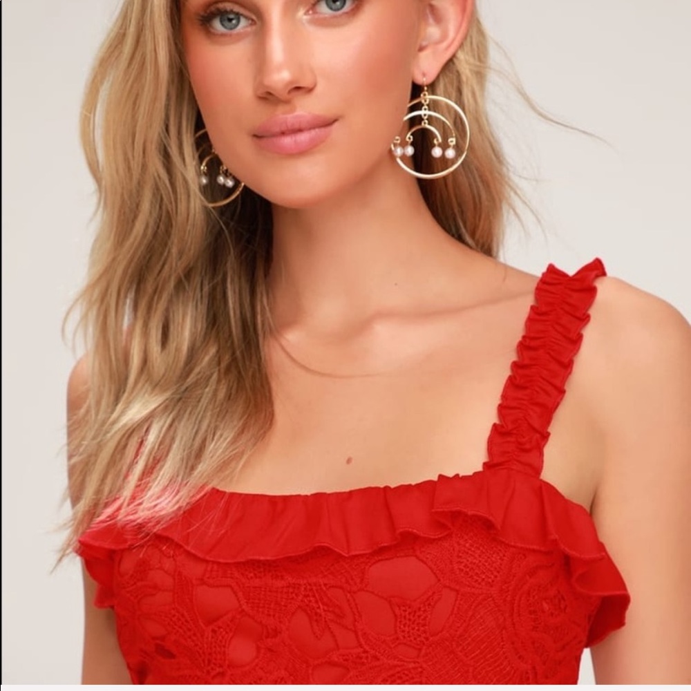 Lulus Deep In Love Red Ruffled Lace Dress - Picture 9 of 9